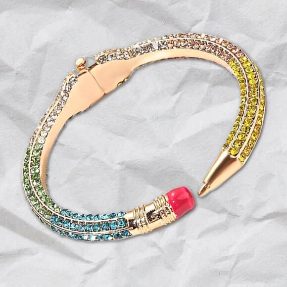 NEW Teacher Gifts Pencil School Rhinestone Gold Dipped Hinged Bangle Bracelet - Picture 4 of 5